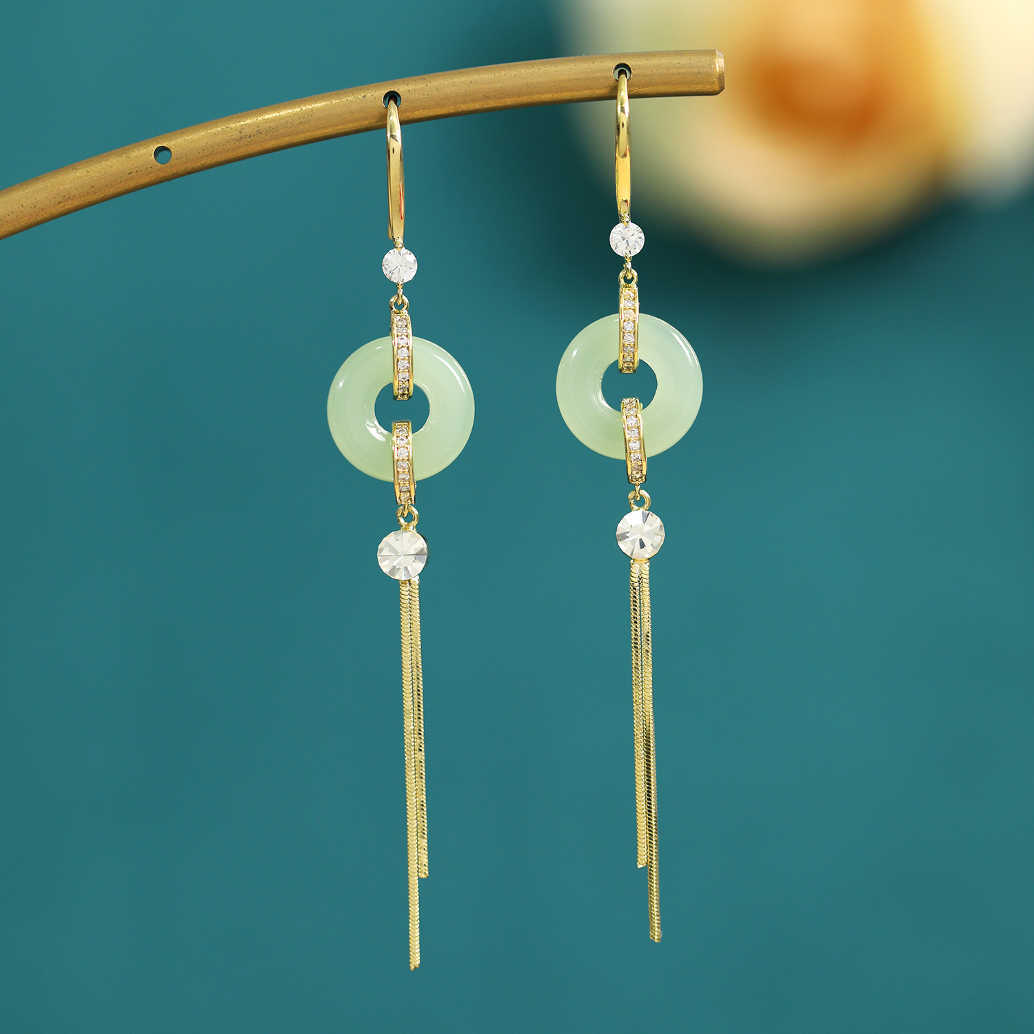 古风锆石平安扣玉石耳钩气质长款流苏耳环优雅宫廷复古风大气耳饰