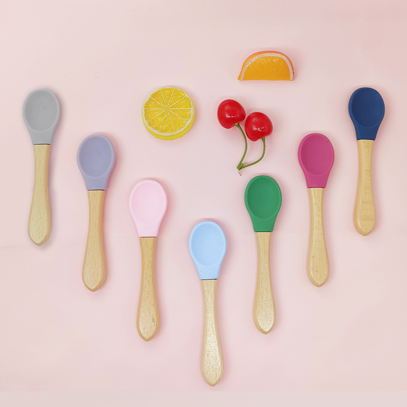 Food Grade Silicone Baby Soft Fork Spoon Food Supplement Tableware baby Learn to Eat Wooden Handle Fork Spoon Children‘s Non-Slip Tableware