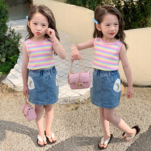 2024夏季新款童装 女童韩版彩条背心套装 中小童彩虹牛仔裙两件套