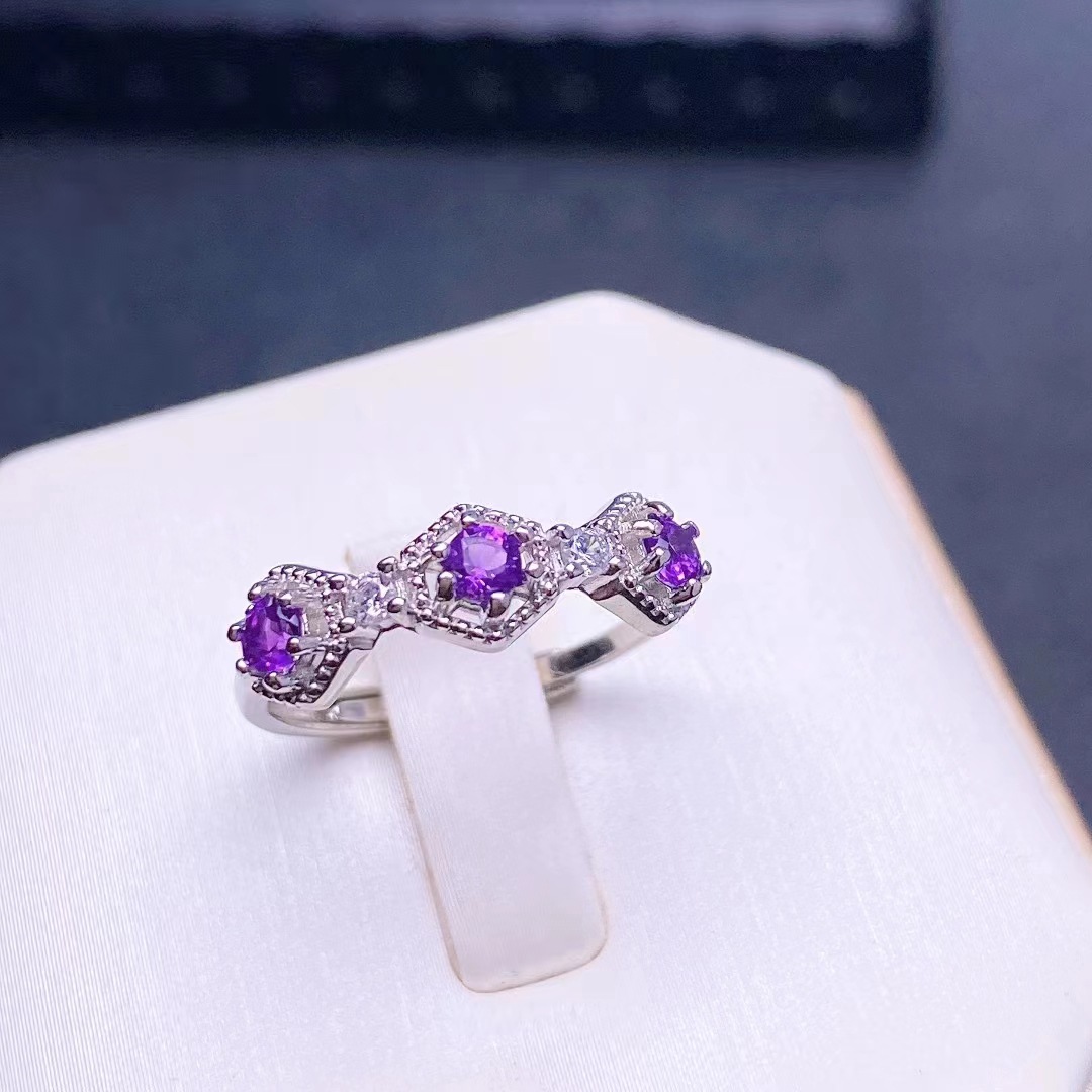 紫水晶戒指s925纯银镶嵌天然紫水晶戒指活口设计女款紫水晶戒指批
