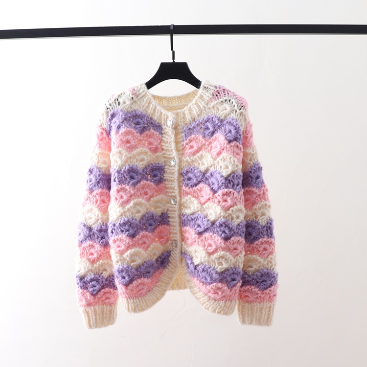 2021秋冬新款手工编织镂空钩花撞色花朵粗棒针毛衣厚款外穿外套女