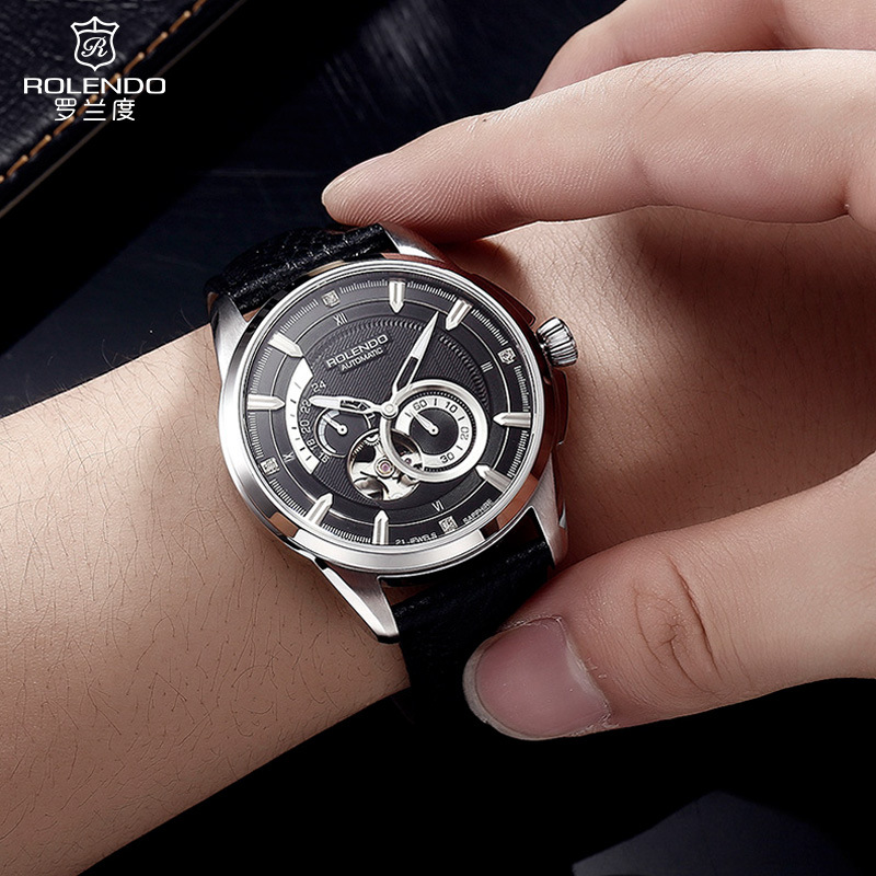 罗兰度瑞士手表防水男士罗兰度全自动机械表镂空7025黑武士钢壳