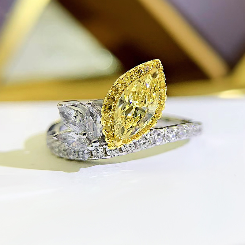 隆隆金珠宝2023新款s925银进口高碳钻黄钻4*8马眼戒指女欧美ins风