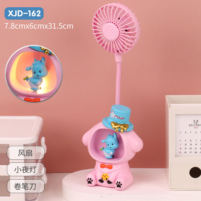 2024 Cross-Border New Cartoon Cool Rice Fan Desktop Usb Charging Decoration Children Fan Belt Small Night Lamp