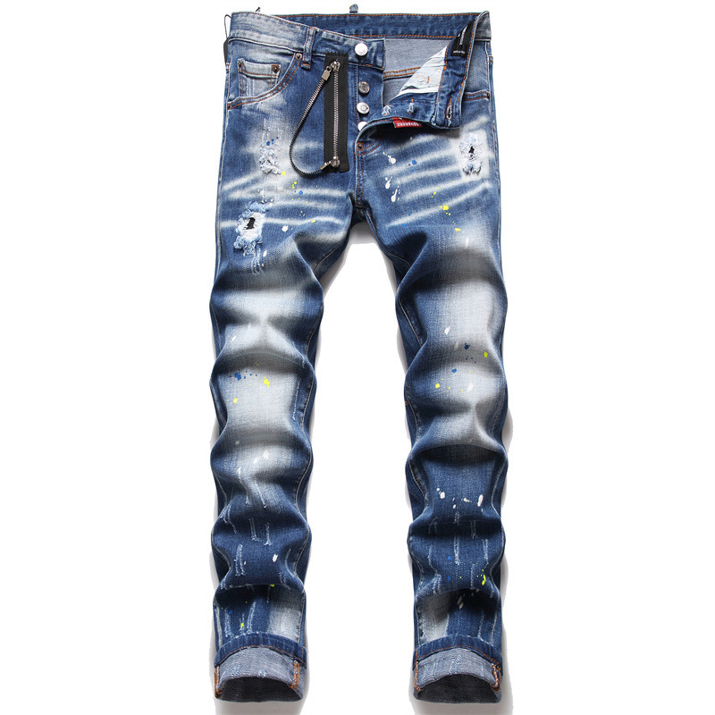 Autumn and Winter New Brushed White Men's Slim Stretch D2 Jeans Blue with Holes Patch Tight Pants 1253