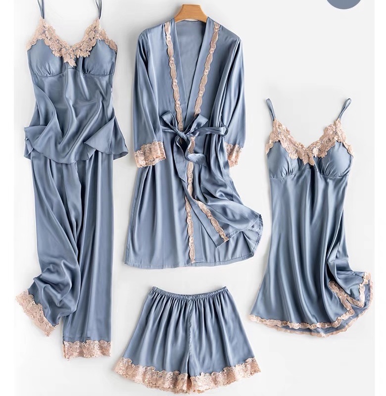 Spring and Summer Pajamas Women's Ice Silk Thin Five-Piece Set Sexy Sling Nightdress Large Size Loose Nightgown with Chest Pad Home Wear