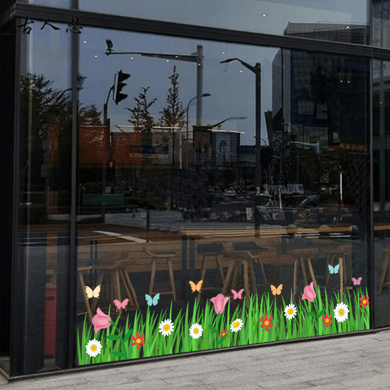 商场超市玻璃门橱窗踢脚线花草围栏布置装饰贴纸自粘防水透明贴画