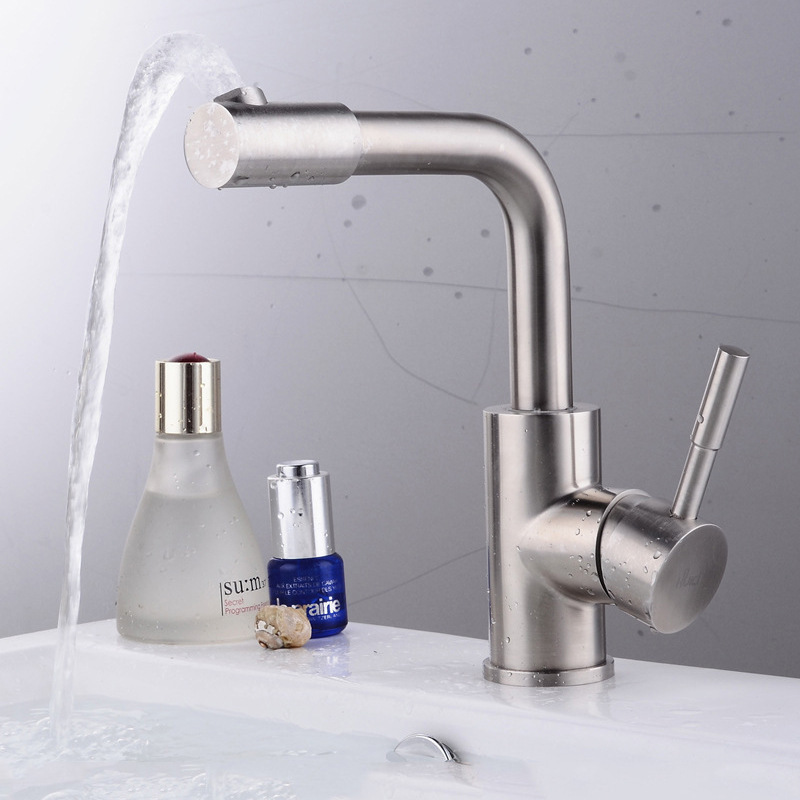 304不锈钢拉丝面盆龙头 转动嘴 360度旋转 双孔冷热水龙头