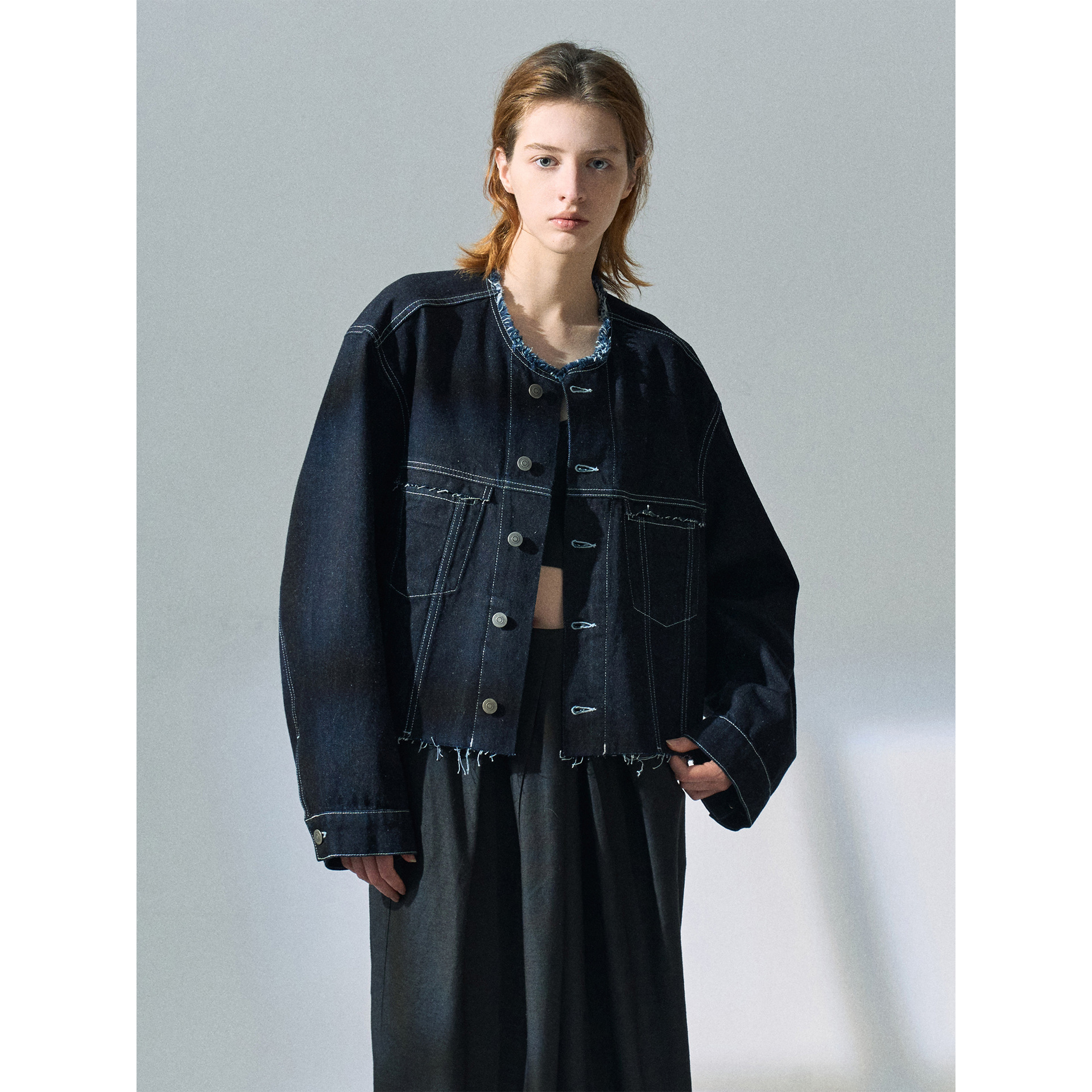 [共线]colne2024春季新款斜纹全棉无领散边宽松h版牛仔外套c4089