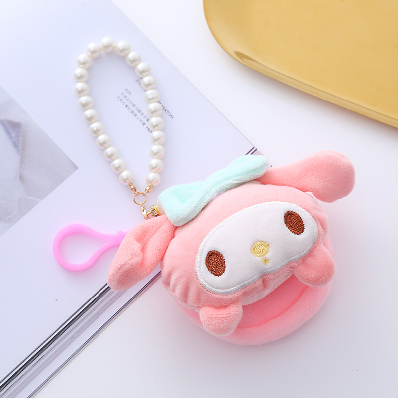 Cute Circle and Creative Plush Sanrio Coin Purse Bag Charm Certificate Card Holder Beaded Lanyard Women's Small Wallet