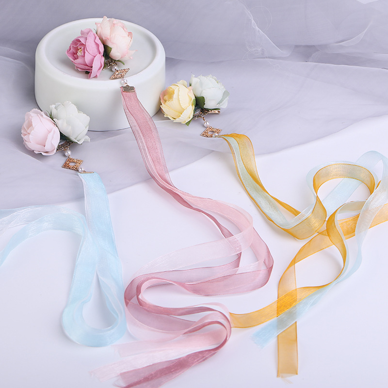 绢花发饰汉服配饰 长飘带后压发夹流苏边夹 古风饰品花朵丝带头饰