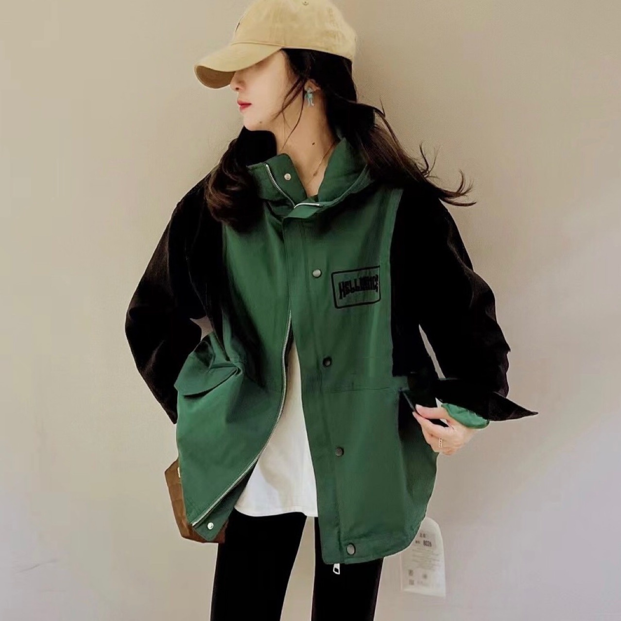 春装新款欧货大版牛仔拼接连帽休闲外套6601