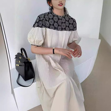 韩国chic夏季新款圆领短袖宽松褶皱重工拼接连衣裙跨境