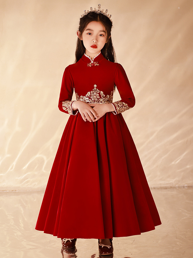 女童礼服红色公主裙春季儿童高端主持人钢琴演出服花童婚礼小女孩