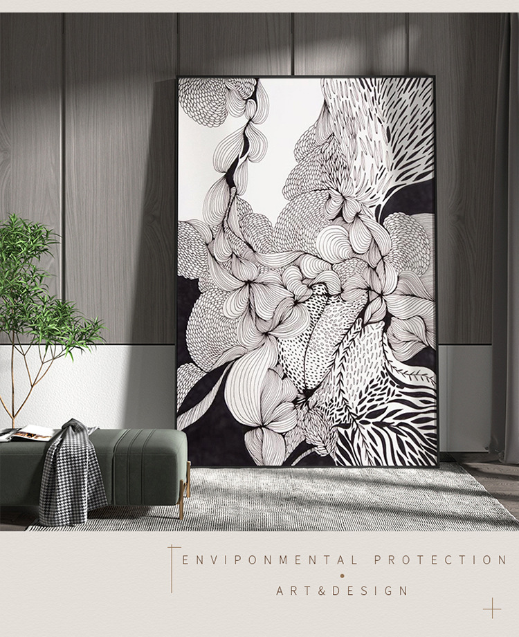 现代轻奢客厅入户玄关装饰画黑白灰线稿繁花艺术背景墙壁竖版挂画