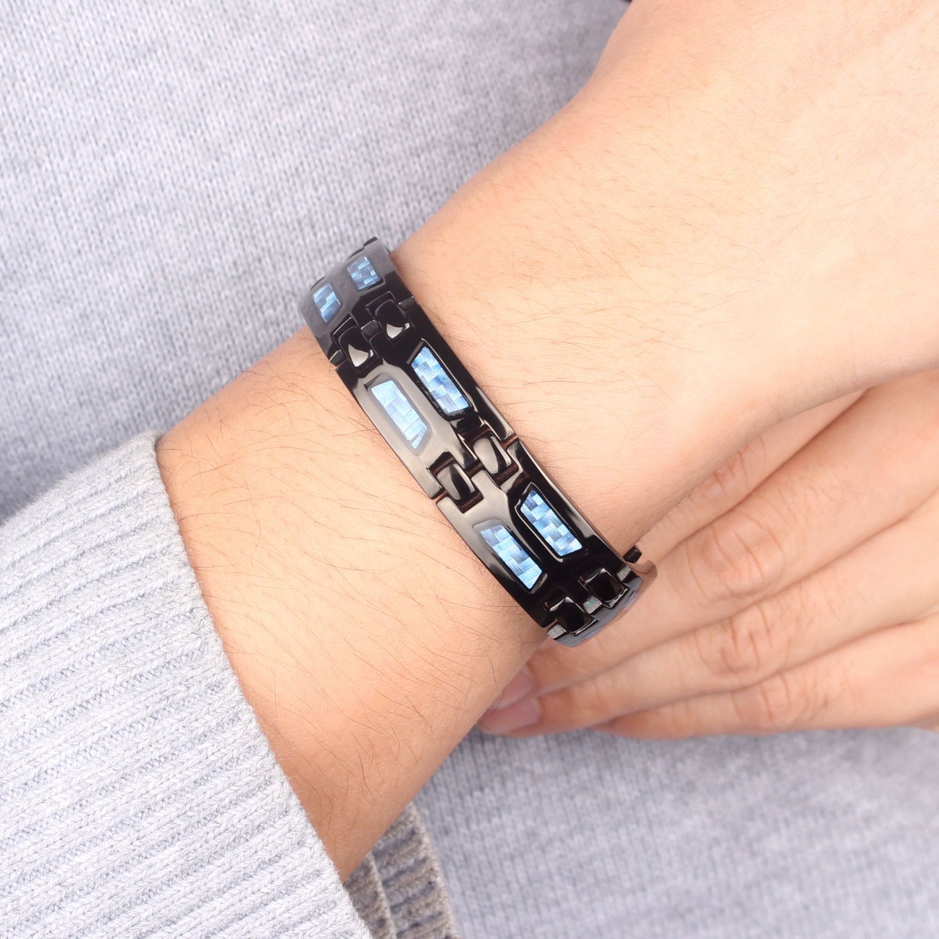 日韩时尚饰品 双排磁石镶碳纤维宽手链 黑色四合一男士磁性手环