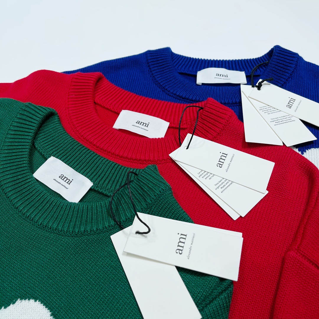 ami男女情侣针织羊毛衫纯色宽松欧美长袖圆领套头大爱心刺绣毛衣