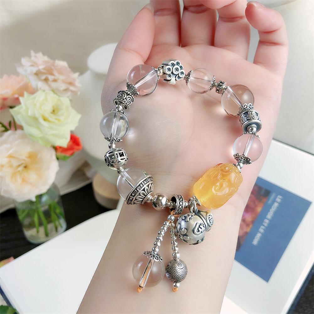 925银银饰小众首饰手工diy手串白水晶蜜蜡貔貅水晶手链女