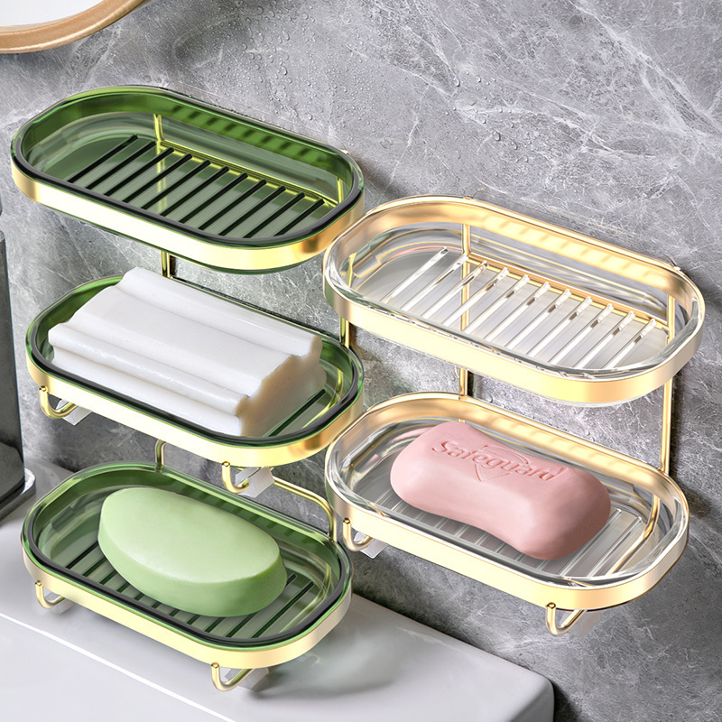 Soap Dish Wall-Mounted Punch-Free Drain Soap Box Household Bathroom Double-Layer Light Luxury Soap Rack