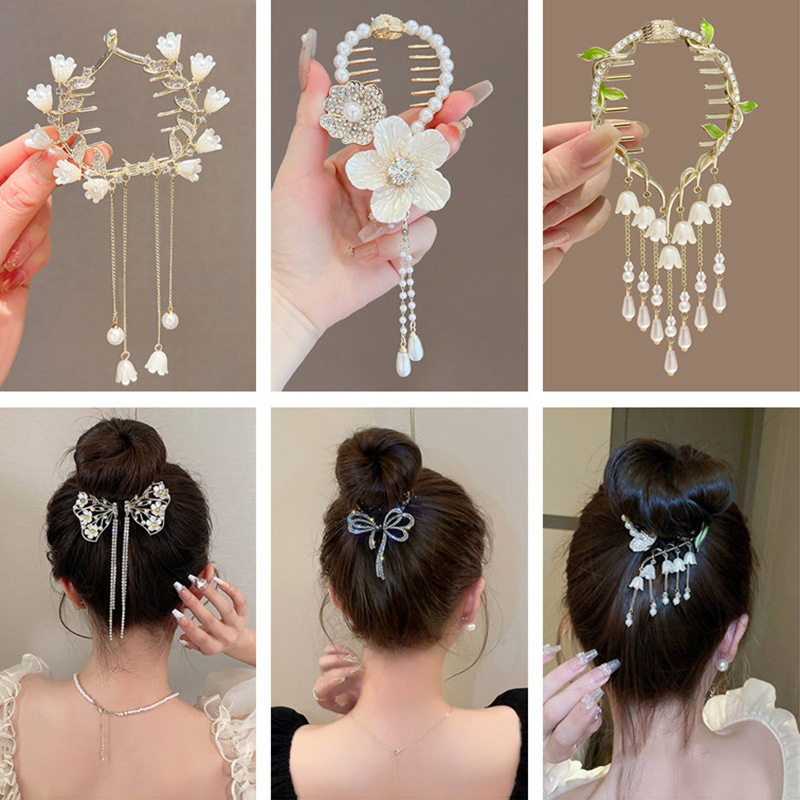 High Sense Lily Tassel Hairpin Back Head Bun Updo Gadget Hair Band Clip Hairware Grip Female