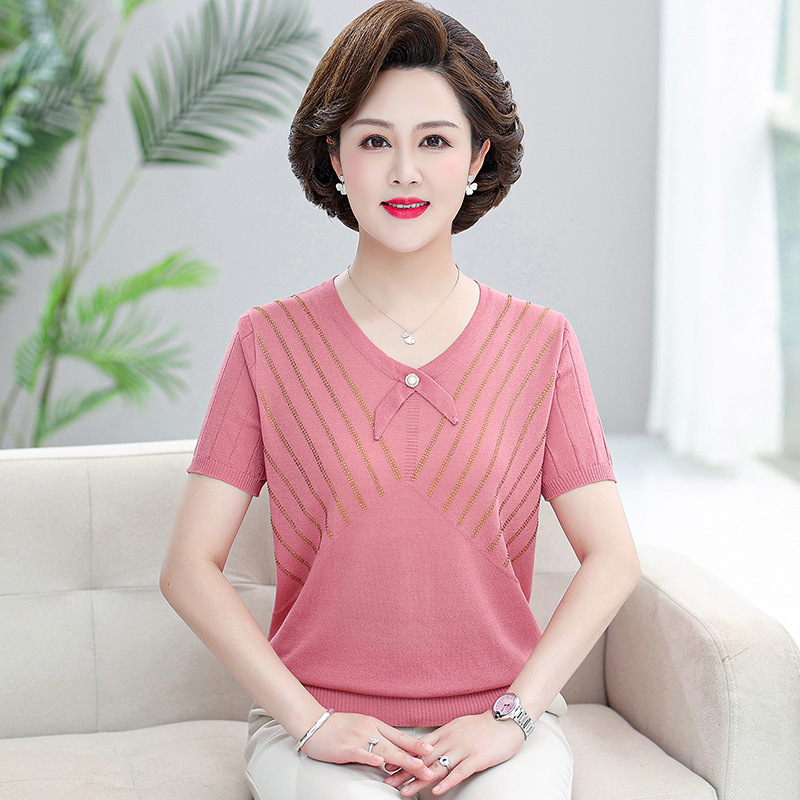 Mom Summer Wear Western Style Short-Sleeved Shirt 40-Year-Old 50 Middle-Aged and Elderly Women Summer Fashion Temperament Ice Silk T-shirt Small Shirt