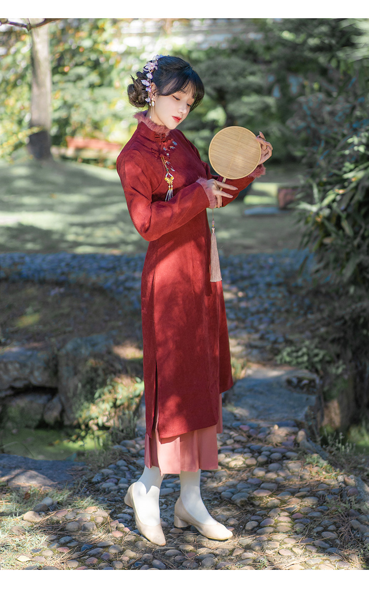 实拍季候复古暗红色典雅刺绣修身少女旗袍裙两件套国风旗袍连衣裙