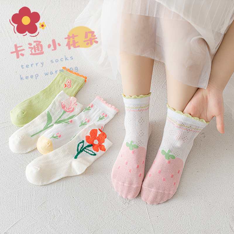 23 Spring and Autumn New Children‘s Socks Cute Cartoon Girl Small Flower Mid-Calf Socks Combed Cotton Loose Mouth Baby Socks