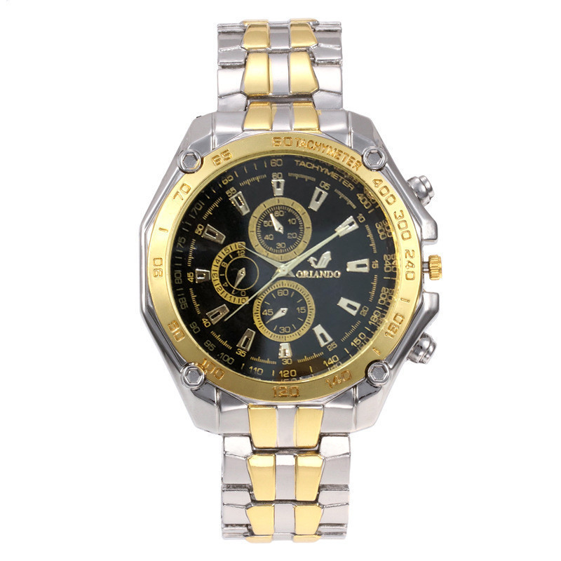 orlando奥兰多欧美大表盘三眼钢带手表男士 商务运动合金石英手表