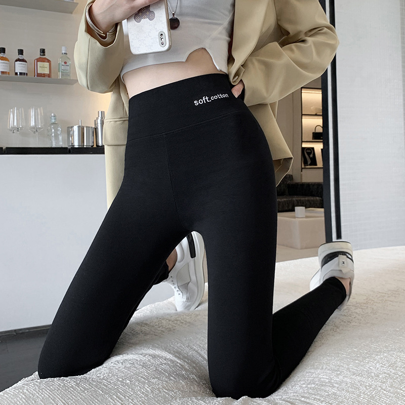 黑色春秋薄款外穿九分裤女平纹纯棉高腰收腹弹力贴身小脚打底裤f6