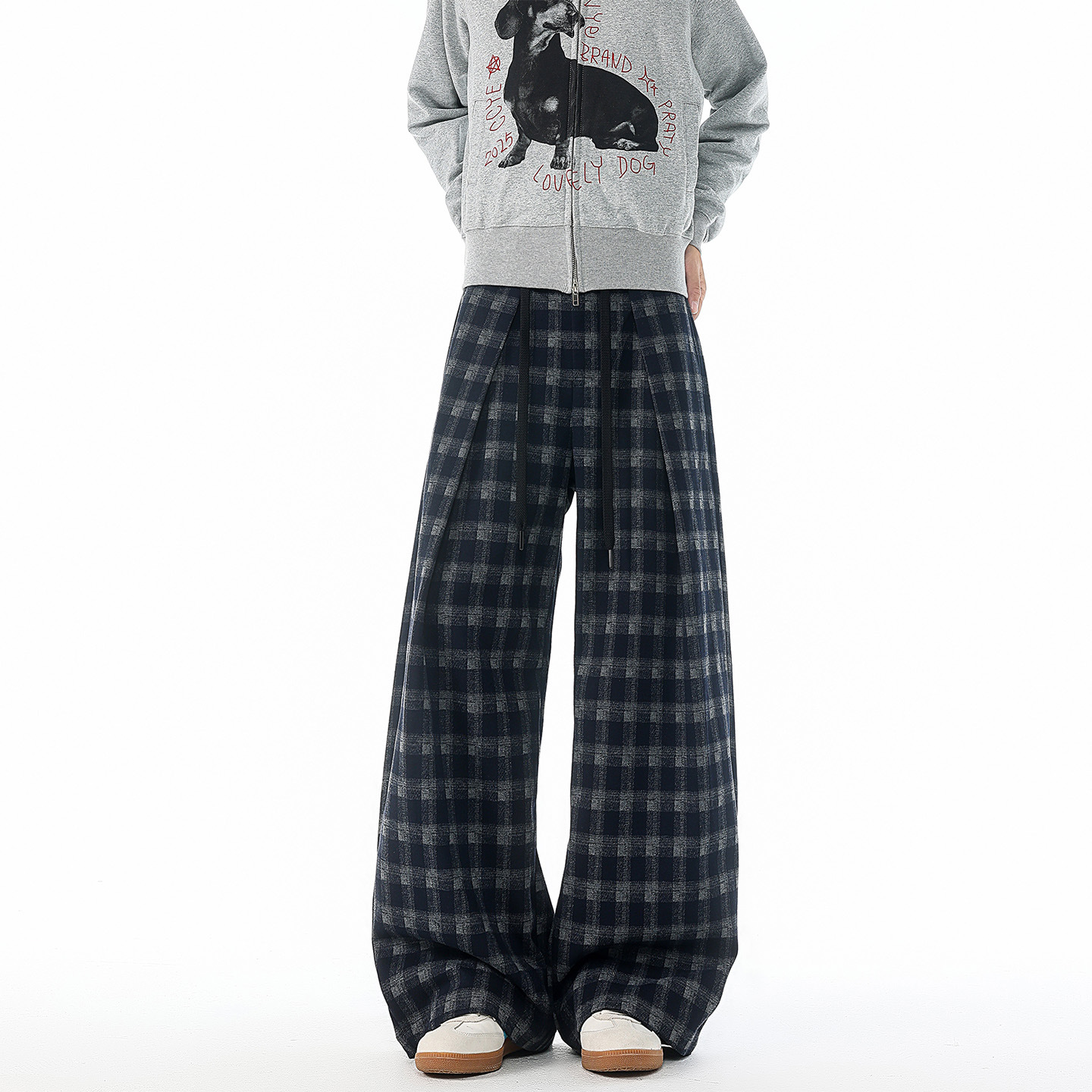 2025新款男士休闲裤美式复古潮牌磨毛格子垂感直筒大码休闲裤男裤