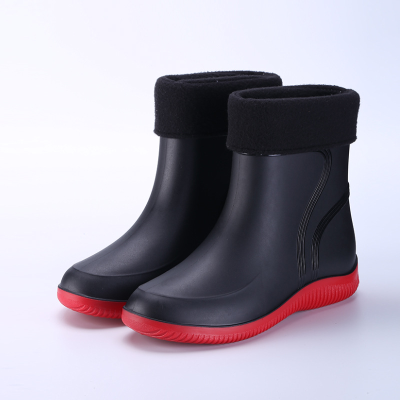 New Black plus Velvet Stylish Water Shoes Wholesale Men's Waterproof Non-Slip Car Wash Fishing Mid-Calf Plastic Rain Boots