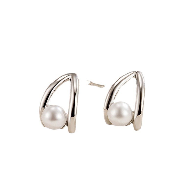 S925 Silver Small and Simple Hollow Pearl Stud Earrings Women's High-Grade Refined and Simple Stud Earrings Niche Fashionable and All-Match Accessories