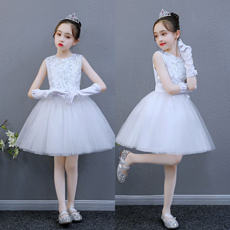 女童公主裙儿童蓬蓬纱裙白色礼服钢琴六一演出服毕业表演服装包邮