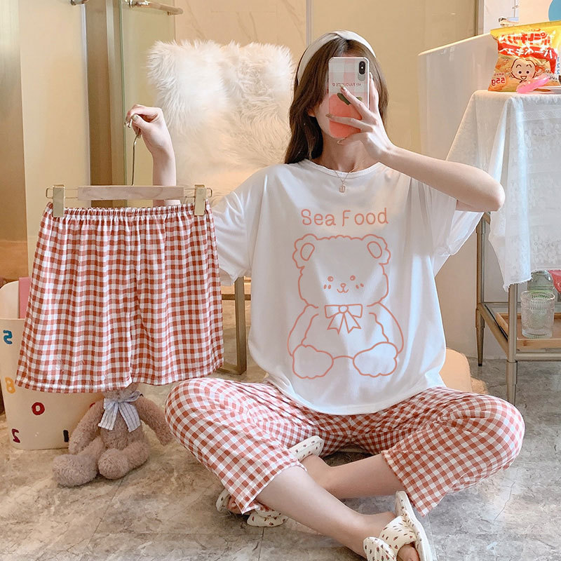 Factory Direct Sales Pajamas Women's Summer Three-Piece Suit Student New Outerwear Short-Sleeved Pajamas Home Wear Cross-Border Southeast Asia