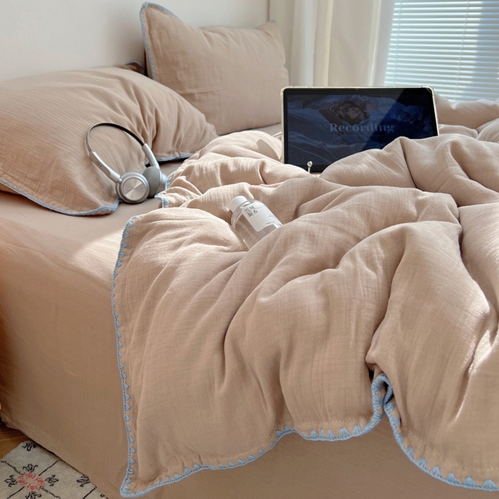 A类全棉双层皱皱纱贝壳边四件套床品纯棉纱布床笠学生宿舍三件套~