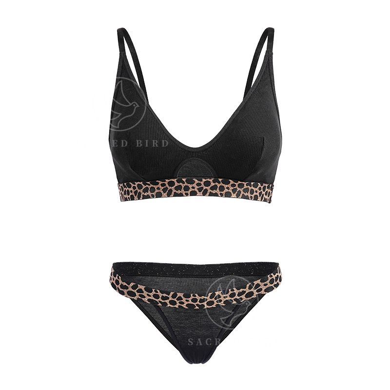 Personalized Rib European and American Plus Size Triangle Cup Leopard Print Underwear Suit Sexy Cutout Ladies Underwired Bra