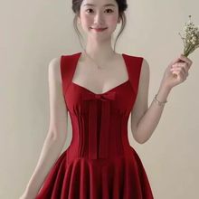 新品亚马逊欧美玫瑰人生辣妹纯欲风公主裙蝴蝶结感收腰显瘦连衣