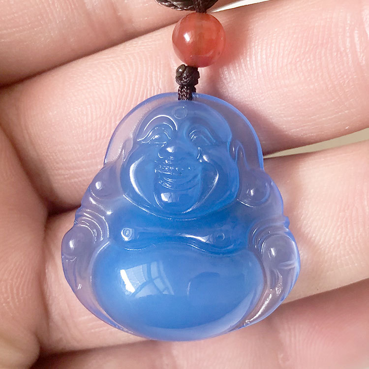 冰透蓝玉髓佛公吊坠女款玉石弥勒佛项链挂饰冰种蓝玉髓笑佛玉坠