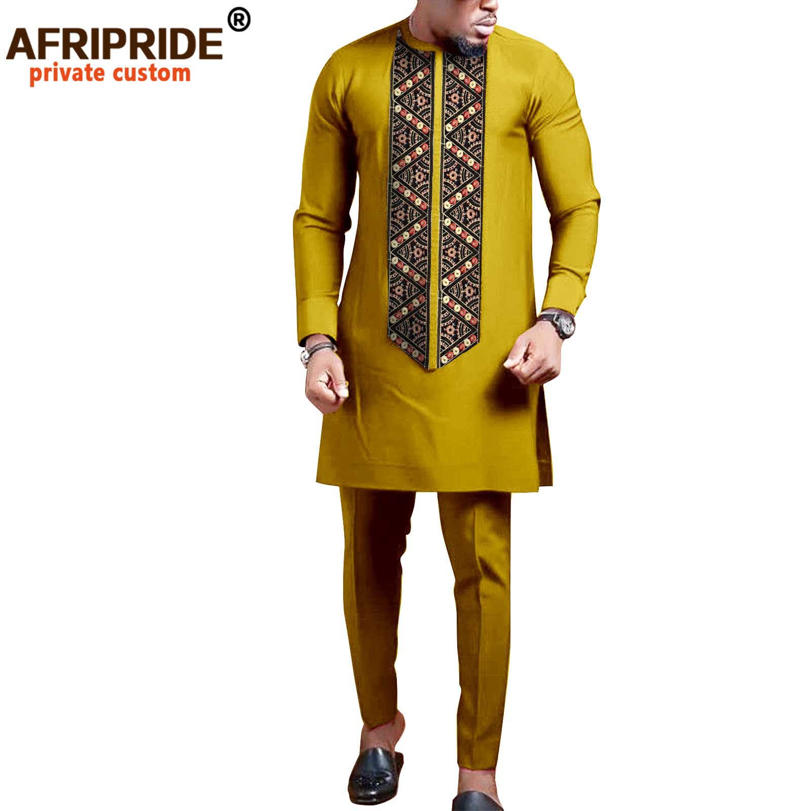 Foreign Trade African National Pure Color Cotton Men's Leisure Suit Top + Pants Afripride 2116052