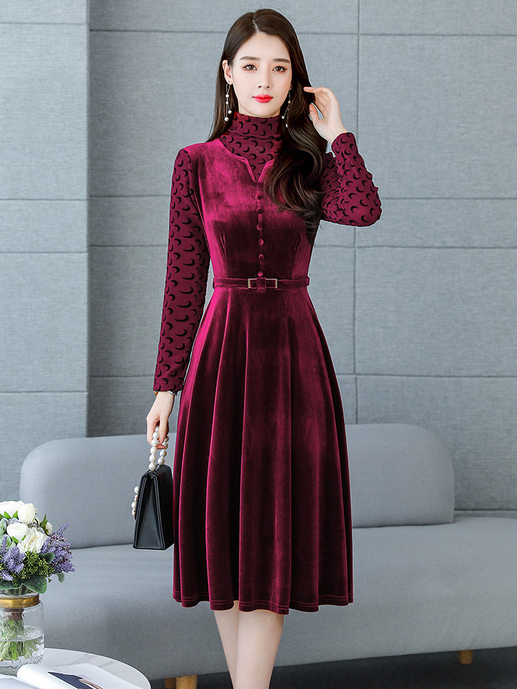 金丝绒连衣裙女秋冬2022新款中长款过膝收腰修身显瘦气质打底裙子