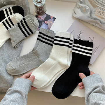 袜子女三杠条纹中筒袜ins潮日系学院风少女学生袜棉袜黑白灰运动