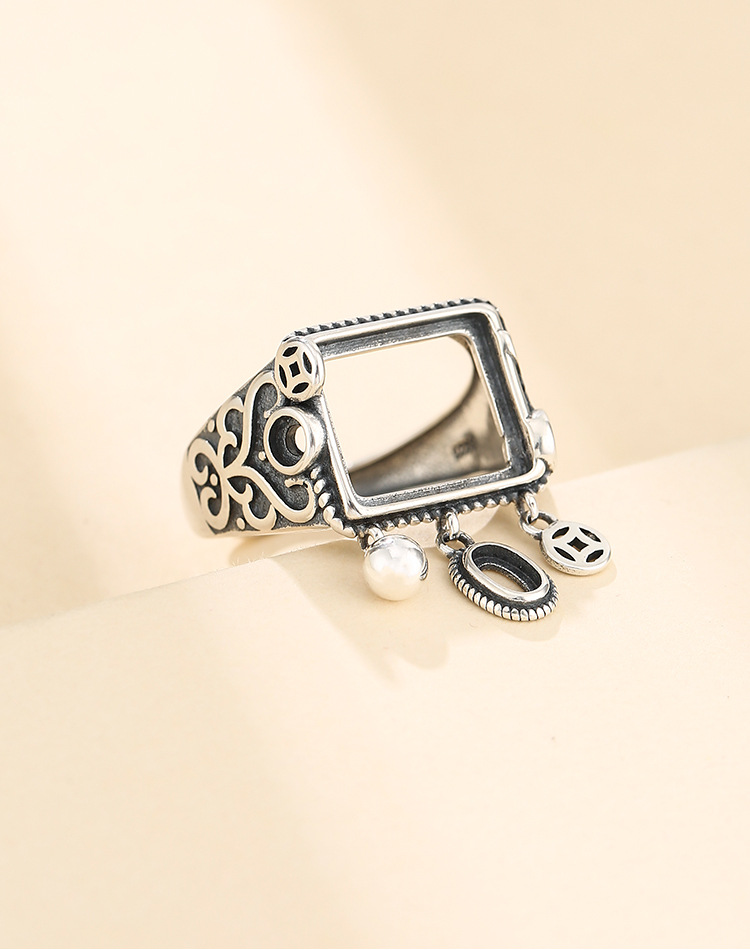 s925纯银复古泰银个性戒指空托11*13镶嵌绿松石蜜蜡玉石戒托银托