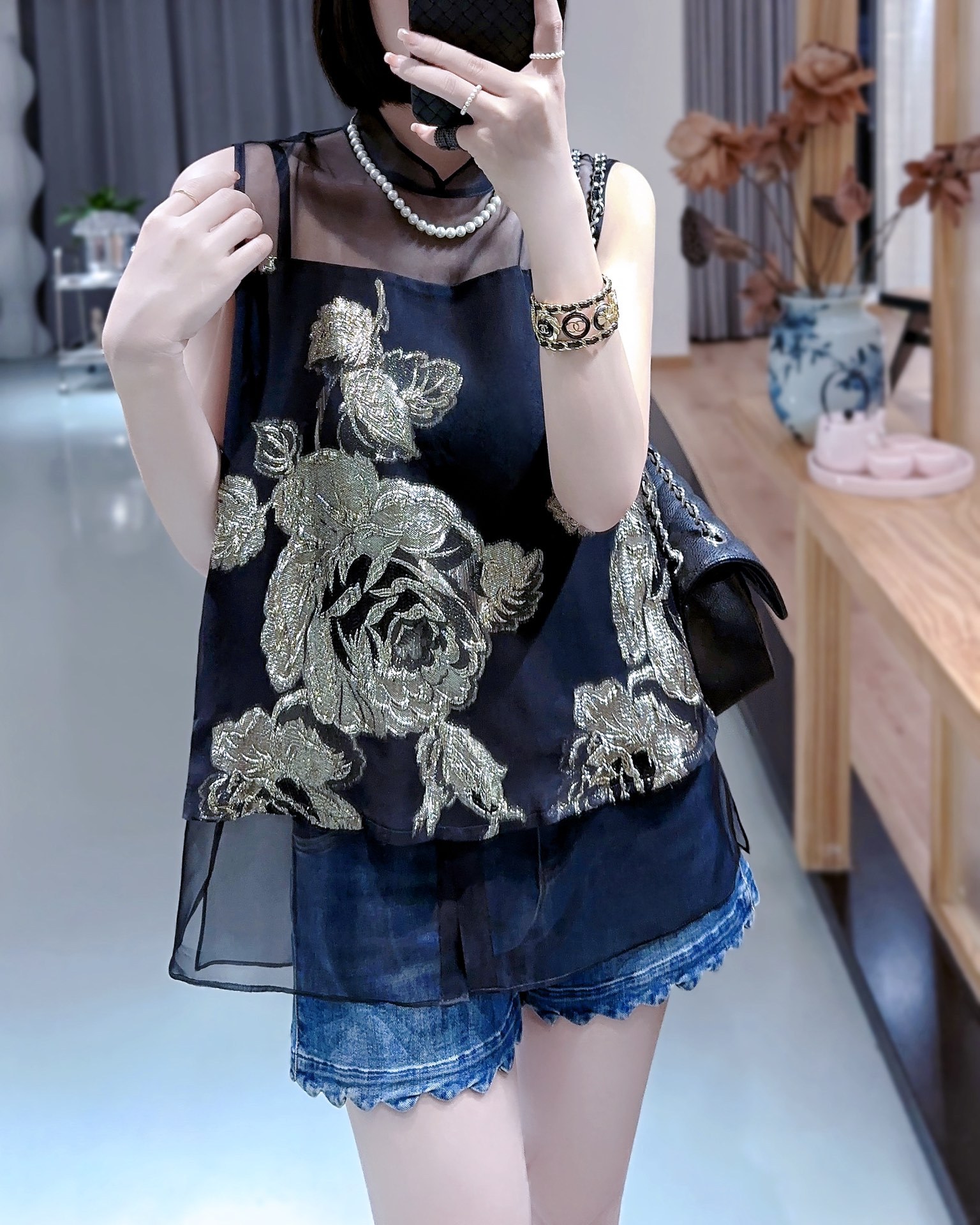 百分百桑蚕丝爆款金线提花拼接真丝欧根纱上衣气质复古无袖衬衫女