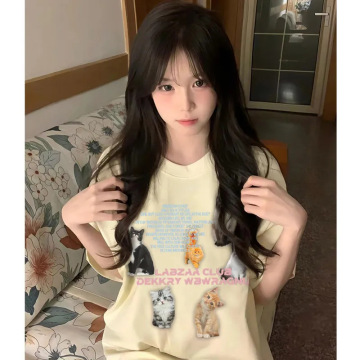 新款国潮牌甜美小清新风设计重磅纯棉短袖女可爱猫猫百搭休闲上衣