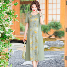 中老年夏季清凉垂顺裙装植物印花拼接圆领短袖连衣裙气质妈妈裙子