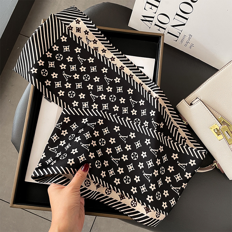 Spring and Summer Letters Presbyopic Double-Sided Two-Tone Boxer Emulation Silk Scarf Double-Layer Striped Small Scarf Female Arm Bag
