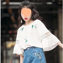 韩版夏装小清新荷叶边镂空蕾丝喇叭袖上衣女学生印花宽松短袖T潘