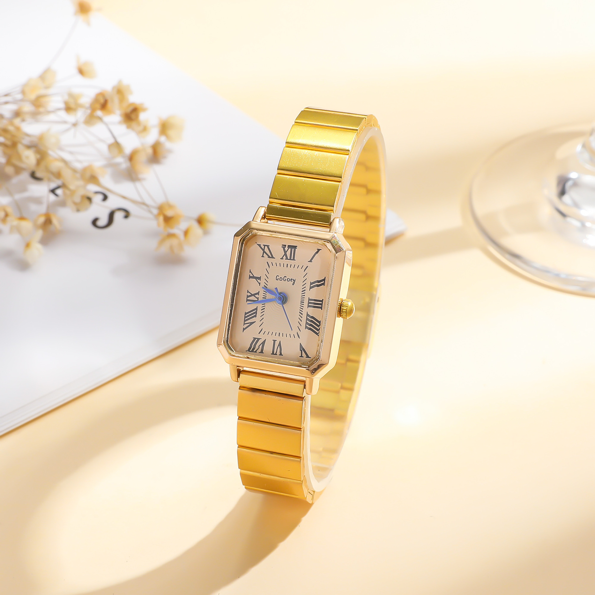 夏季女款时尚竹节罗马数字面钢带石英手表蓝针-阿里巴巴