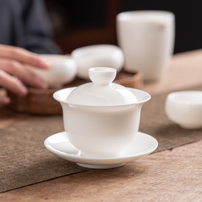 Light Luxury White Jade Tureen White Porcelain Tea Bowl with Lid Large Kung Fu Tea Home Tea Set Tea Enterprise Printed Logo Gaiwan