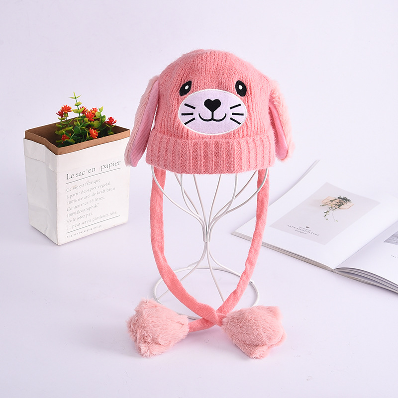 New Autumn and Winter Cute Cartoon Children's Warm Movable Ears Hat Knitted Wool Fluffy Ball Cap Wholesale